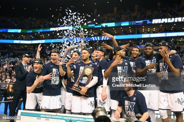 The Villanova Wildcats celebrate a win after the 2018 NCAA Men's Basketball Tournament East Regional against the Texas Tech Red Raiders at TD Garden...