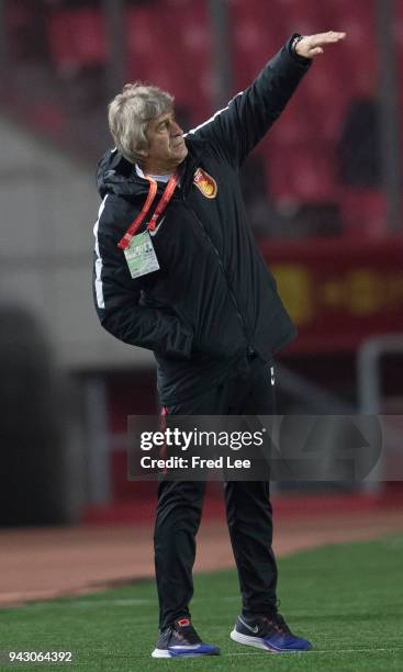 Manuel Pellegrini of Hebei China Fortune looks on piror to the 2018 Chinese Super League match between Hebei China Fortune and Changchun Yatai at...