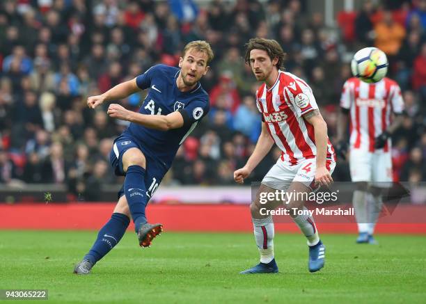 Harry Kane of Tottenham Hotspur shoots at goal during the Premier League match between Stoke City and Tottenham Hotspur at Bet365 Stadium on April 7,...