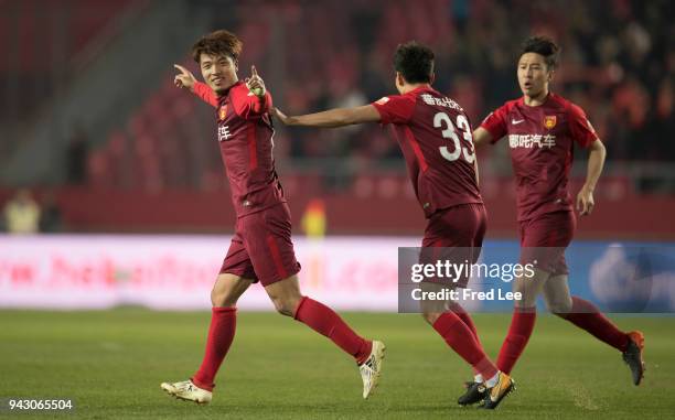 Gui Hong of Hebei China Fortune celebrates after scoring a goal during the 2018 Chinese Super League match between Hebei China Fortune and Changchun...