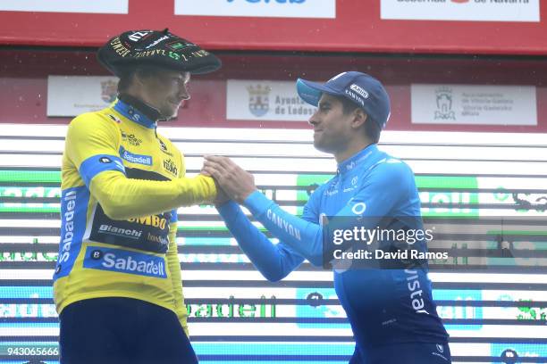 Podium / Primoz Roglic of Slovenia and Team LottoNL-Jumbo Yellow Leader Jersey / Mikel Landa Meana of Spain and Movistar Team / Celebration / during...