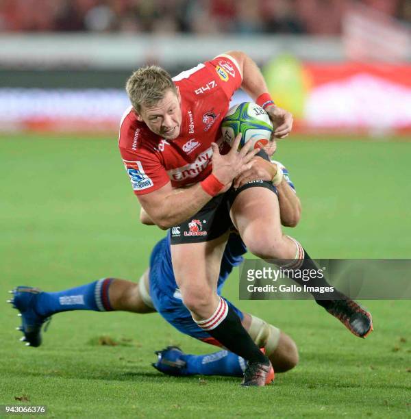 Ruan Combrinck of the Emirates Lions during the Super Rugby match between Emirates Lions and DHL Stormers at Emirates Airline Park on April 07, 2018...