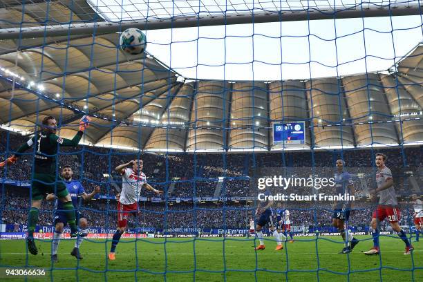 Filip Kostic of Hamburg scores a goal to make it 1:1 during the Bundesliga match between Hamburger SV and FC Schalke 04 at Volksparkstadion on April...