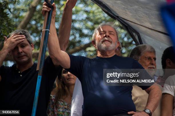 Brazilian ex-president Luiz Inacio Lula da Silva gestures during a Catholic mass in memory of his late wife Marisa Leticia, at the metalworkers'...