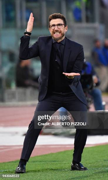 Roma's coach Eusebio Di Francesco reacts during the Italian Serie A football match AS Roma vs Fiorentina on April 7, 2018 at the Olympic stadium in...