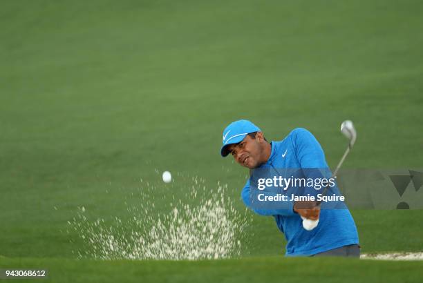 Jhonattan Vegas of Columbia plays a shot from a bunker on the second hole during the third round of the 2018 Masters Tournament at Augusta National...