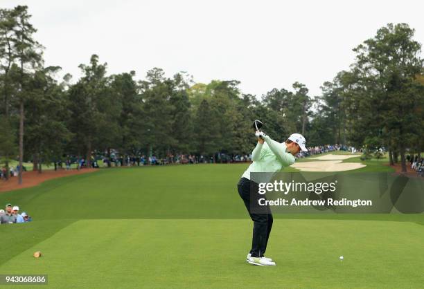 Bernd Wiesberger of Austria plays his shot from the first tee during the third round of the 2018 Masters Tournament at Augusta National Golf Club on...