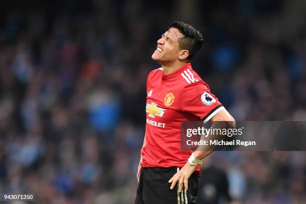 Alexis Sanchez of Manchester United reacts during the Premier League match between Manchester City and Manchester United at Etihad Stadium on April...
