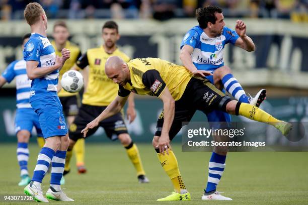 Rick Dekker of PEC Zwolle, Dani Schahin of Roda JC, Dirk Marcellis of PEC Zwolle during the Dutch Eredivisie match between Roda JC v PEC Zwolle at...