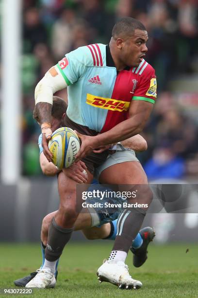 Kyle Sinckler of Harlequins in action during the Aviva Premiership match between Harlequins and London Irish at Twickenham Stoop on April 7, 2018 in...