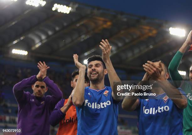 Marco Benassi of ACF Fiorentina celebrates the victory after the serie A match between AS Roma and ACF Fiorentina at Stadio Olimpico on April 7, 2018...