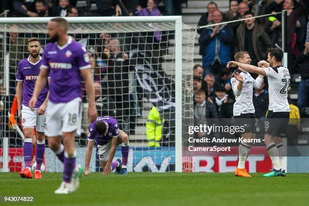 Derby County's Matej Vydra celebrates scoring his side's second goal with team mate David Nugent during the Sky Bet Championship match between Derby...