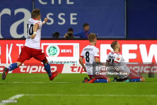 Aaron Hunt of Hamburg celebrates after he scored a goal to make it 3:2 during the Bundesliga match between Hamburger SV and FC Schalke 04 at...