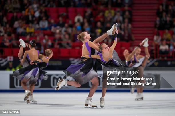 Team Paradise of Russia compete in the Free Skating during the World Synchronized Skating Championships at Ericsson Globe on April 7, 2018 in...