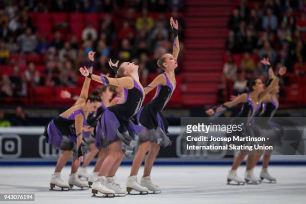 Team Paradise of Russia compete in the Free Skating during the World Synchronized Skating Championships at Ericsson Globe on April 7, 2018 in...