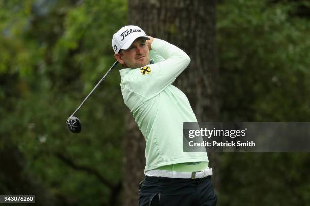 Bernd Wiesberger of Austria plays his shot from the second tee during the third round of the 2018 Masters Tournament at Augusta National Golf Club on...