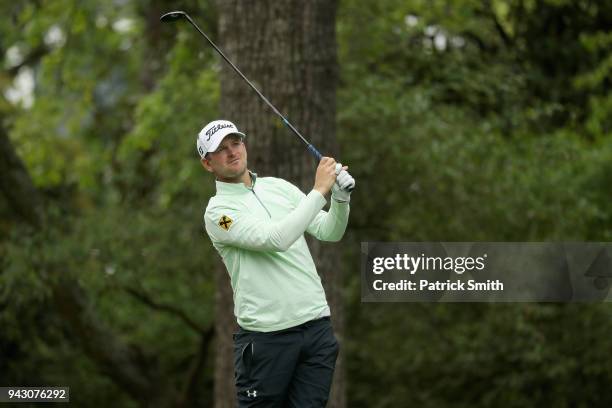 Bernd Wiesberger of Austria plays his shot from the second tee during the third round of the 2018 Masters Tournament at Augusta National Golf Club on...