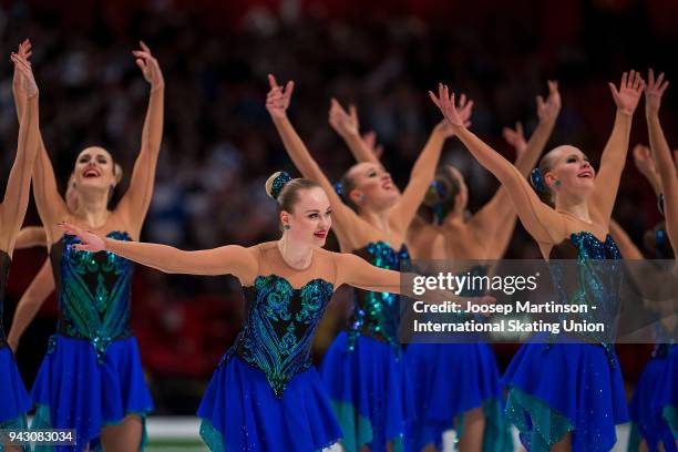 Team Marigold Ice Unity of Finland react in the Free Skating during the World Synchronized Skating Championships at Ericsson Globe on April 7, 2018...