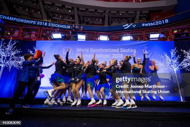 Team Marigold Ice Unity of Finland react at the kiss and cry in the Free Skating during the World Synchronized Skating Championships at Ericsson...