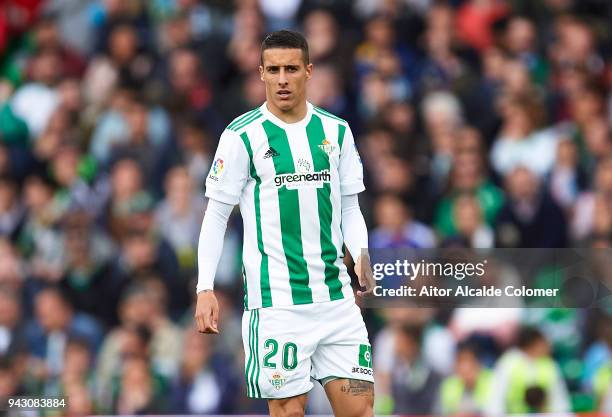 Cristian Tello of Real Betis Balompie looks on during the La Liga match between Real Betis and Eibar at Estadio Benito Villamarin on April 7, 2018 in...