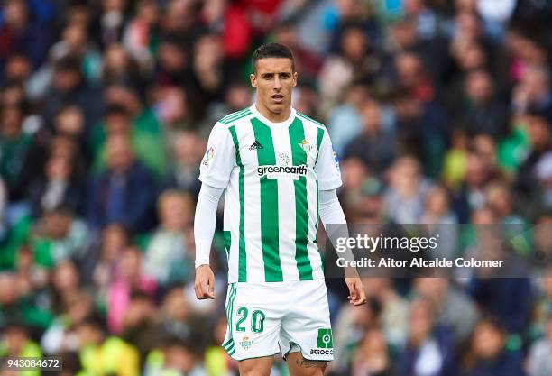 Cristian Tello of Real Betis Balompie looks on during the La Liga match between Real Betis and Eibar at Estadio Benito Villamarin on April 7, 2018 in...