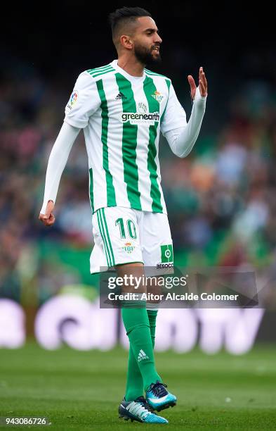 Ryad Boudebouz of Real Betis Balompie looks on during the La Liga match between Real Betis and Eibar at Estadio Benito Villamarin on April 7, 2018 in...