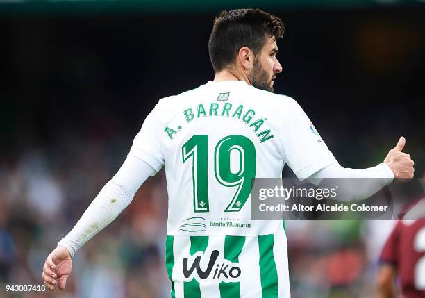 Antonio Barragan of Real Betis Balompie reacts during the La Liga match between Real Betis and Eibar at Estadio Benito Villamarin on April 7, 2018 in...