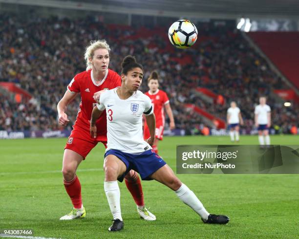 Demi Stokes of England Women under pressure from Rhiannon Roberts of Wales Women during 2019 FIFA Women's World Cup Group 1 qualifier match between...