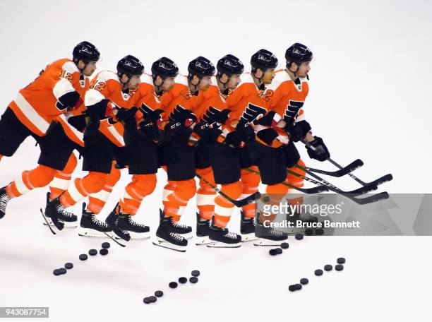 Michael Raffl of the Philadelphia Flyers skates in warm-ups prior to the game against the Philadelphia Flyers at the Wells Fargo Center on April 7,...