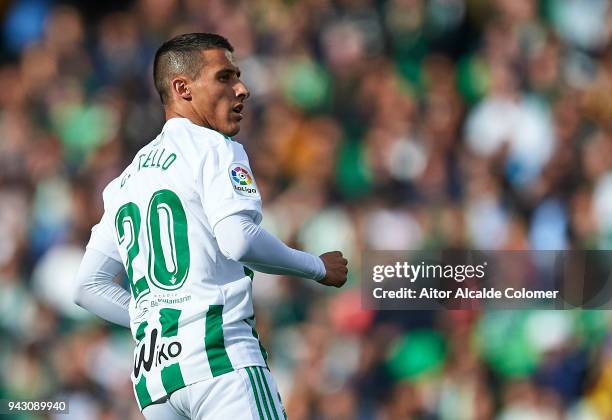 Cristian Tello of Real Betis Balompie looks on during the La Liga match between Real Betis and Eibar at Estadio Benito Villamarin on April 7, 2018 in...