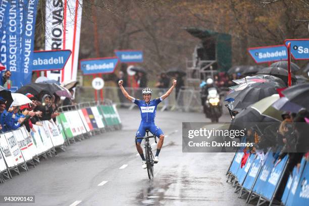 Arrival / Enric Mas of Spain and Team Quick-Step Floors / Celebration / Rain / Public / during the 58th Vuelta Pais Vasco 2018, Stage 6 a 122,2km...