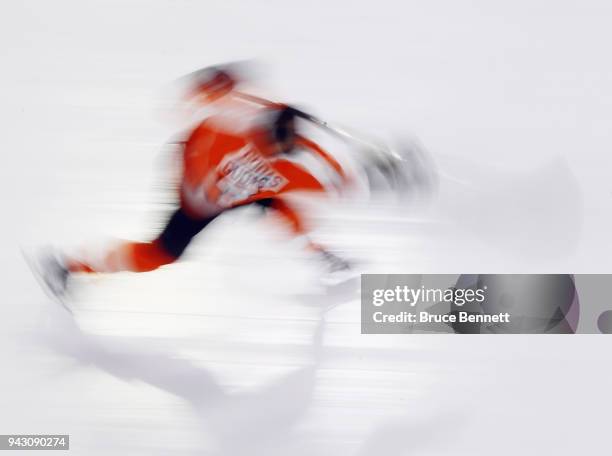 Radko Gudas of the Philadelphia Flyers skates in warm-ups prior to the game against the New York Rangers at the Wells Fargo Center on April 7, 2018...