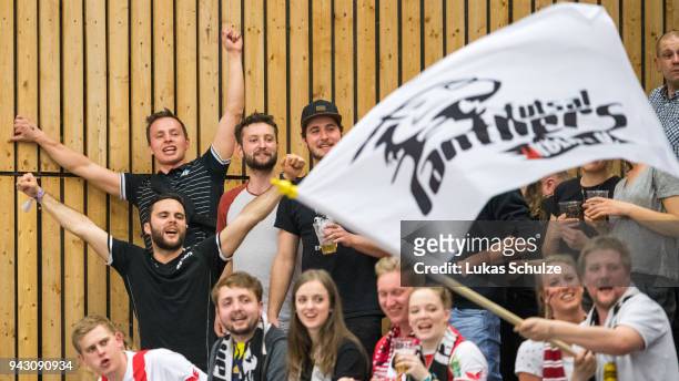 Fans of Koeln support their team during the quarter final match of the German Futsal Championship 2018 between Futsal Panthers Koeln and Hamburger...