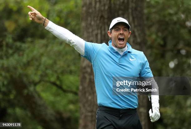 Rory McIlroy of Northern Ireland reacts on the second tee during the third round of the 2018 Masters Tournament at Augusta National Golf Club on...