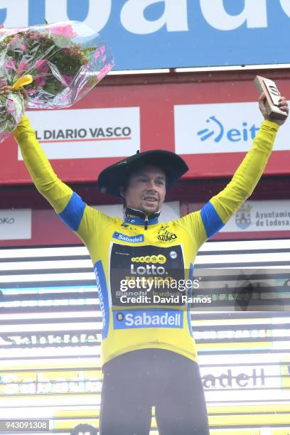 Podium / Primoz Roglic of Slovenia and Team LottoNL-Jumbo Yellow Leader Jersey / Celebration / Flowers / Trophy / during the 58th Vuelta Pais Vasco...