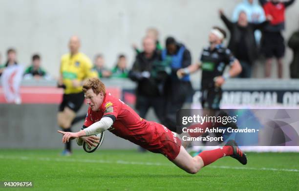 Scarlets' Rhys Patchell scores his sides third try during the Guinness PRO14 Round 19 match between Scarlets and Glasgow Warriors at Parc y Scarlets...