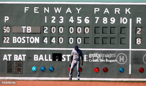 Denard Span of the Tampa Bay Rays takes a break between pitches against the Boston Red Sox in the sixth inning at Fenway Park, on April 7 in Boston,...