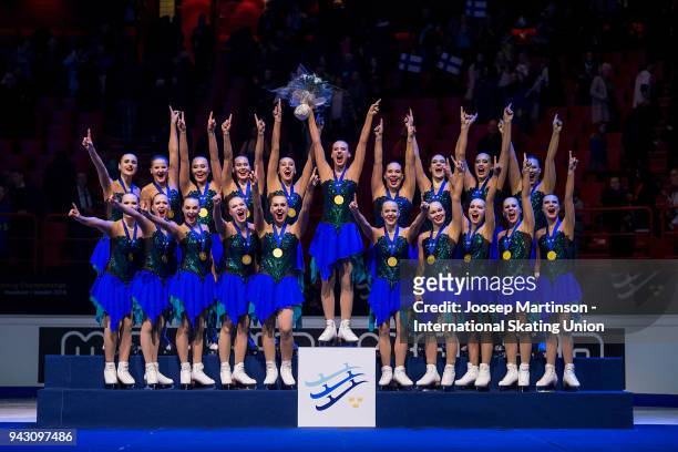 Team Marigold Ice Unity of Finland pose in the medal ceremony during the World Synchronized Skating Championships at Ericsson Globe on April 7, 2018...