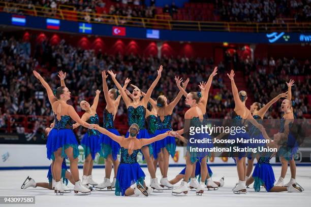 Team Marigold Ice Unity of Finland react in the Free Skating during the World Synchronized Skating Championships at Ericsson Globe on April 7, 2018...