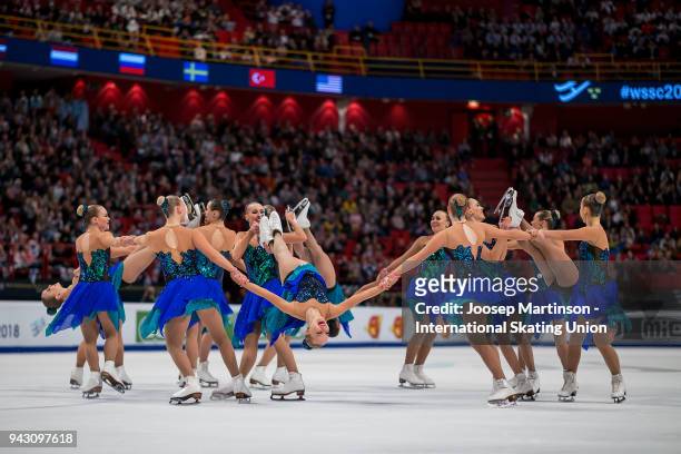 Team Marigold Ice Unity of Finland compete in the Free Skating during the World Synchronized Skating Championships at Ericsson Globe on April 7, 2018...