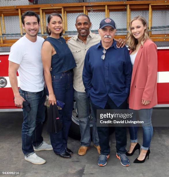 S "Station 19" cast members Jay Hayden, Barrett Doss, Jason George, Miguel Sandoval and Danielle Savre visit LAFD Girls Camp on April 7, 2018 in...