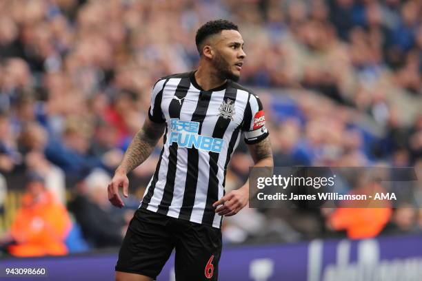 Jamaal Lascelles of Newcastle United during the Premier League match between Leicester City and Newcastle United at The King Power Stadium on April...