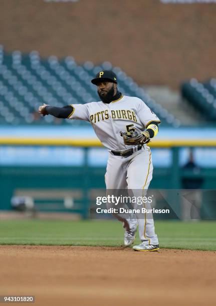 Second baseman Josh Harrison of the Pittsburgh Pirates throws to first base on a grounder against the Detroit Tigers during game two of a...