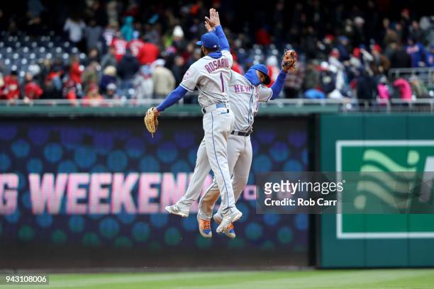 Amed Rosario and Juan Lagares of the New York Mets celebrate following the Mets 3-2 win over the Washington Nationals at Nationals Park on April 7,...