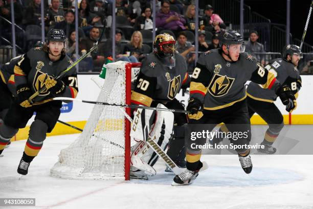 Vegas Golden Knights center William Karlsson , goalie Malcolm Subban , defenceman Nate Schmidt , and right wing Alex Tuch in action during the game...