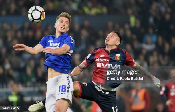 Dennis Praet of Sampdoria and Gianluca Lapadula of Sampdoria during the serie A match between UC Sampdoria and Genoa CFC at Stadio Luigi Ferraris on...