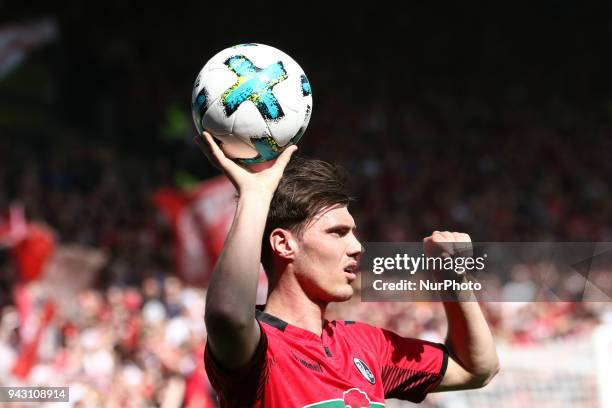 Stenzel Pascal 15 of Freiburg during the Bundesliga match between Sport-Club Freiburg and VfL Wolfsburg at Schwarzwald-Stadion on April 7, 2018 in...