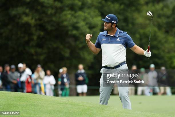 Jon Rahm of Spain celebrates on the eighth hole during the third round of the 2018 Masters Tournament at Augusta National Golf Club on April 7, 2018...