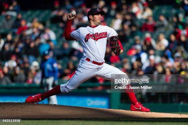Starting pitcher Trevor Bauer of the Cleveland Indians pitches during the first inning against the Kansas City Royals at Progressive Field on April...