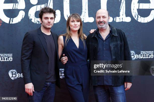 Pio Marmai, Ana Girardot and Cedric Klapisch attend the closing ceremony photocall for 10th Beaune International Thriller Film Festival on on April...